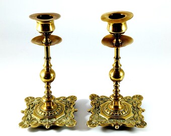 Antique Detailed Brass Candle Holders Home Decor, Vintage Brass Candle Sticks Altar Decor, Vintage Set of Two Etched Brass Candlesticks  30s