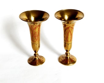 Vintage Set of Two Brass Candle Holders Home Decor, Mid Century Indian Brass Bud Vases, Brass Trumpet Candlesticks Altar Decor India  60s