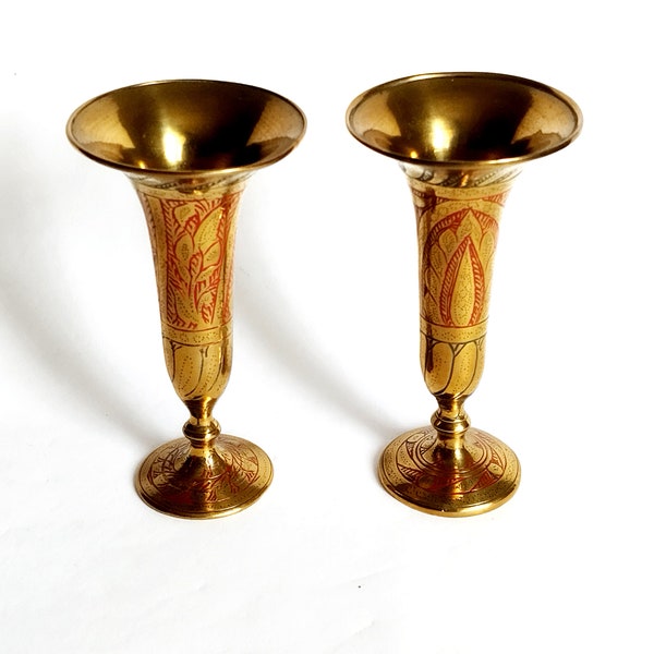 Vintage Set of Two Brass Candle Holders Home Decor, Mid Century Indian Brass Bud Vases, Brass Trumpet Candlesticks Altar Decor India  60s