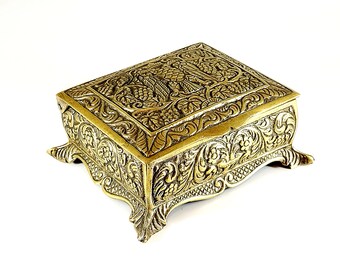 Rare Heavy Antique Ornate Brass Double Headed Eagle Grapes Cigarette Box Home Decor, Vintage Brass Covered Detailed Trinket Box 20s