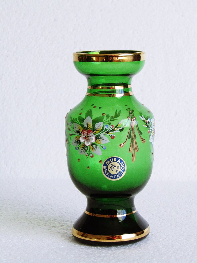 Vintage Small Green Murano Glass Vase Italian Hand Painted Etsy