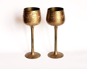 Vintage Set of Two Tall Brass Goblets Candle Holders Home Decor, Indian Brass Candle Goblets, Vintage Brass Candlesticks Altar Decor 60s