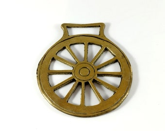 Vintage Horse Brass Wheel Wall Decor, Retro Horse Brass Cart's Wheel Horse Badge Harness Decor, English Brass Collectible Medallion - 60s