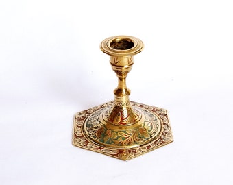 Vintage Indian Etched Brass Single Candle Holder Home Decor, Mid Century Brass Candlestick Altar Decor, Vintage Table Decor India 50s