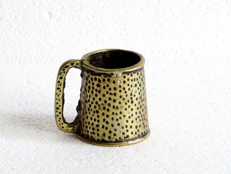 Retro Patina Brass Tankard Match Holder Vintage Small Brass Tankard Old Brass Desk Storage Wee Vintage Collectible Metal Brass Mug 70s