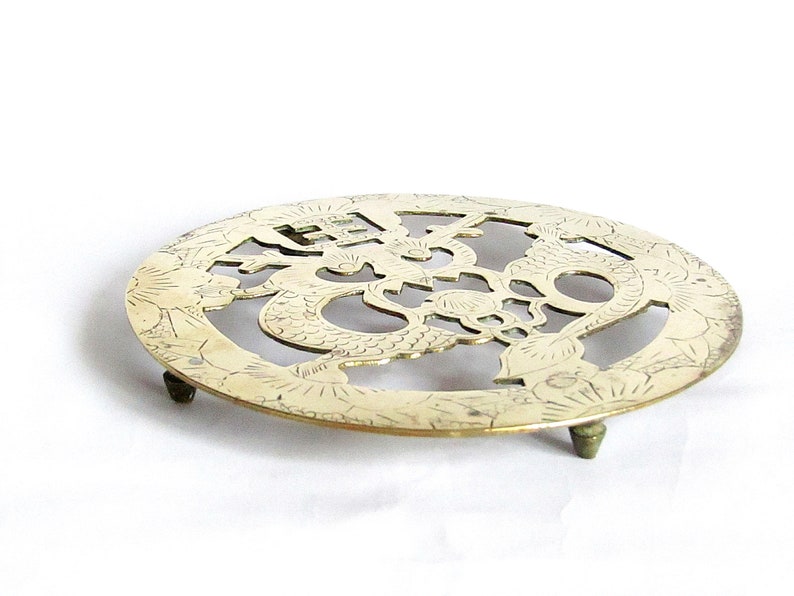 Vintage Brass Round Trivet Retro Brass Footed Trivet Home Etsy