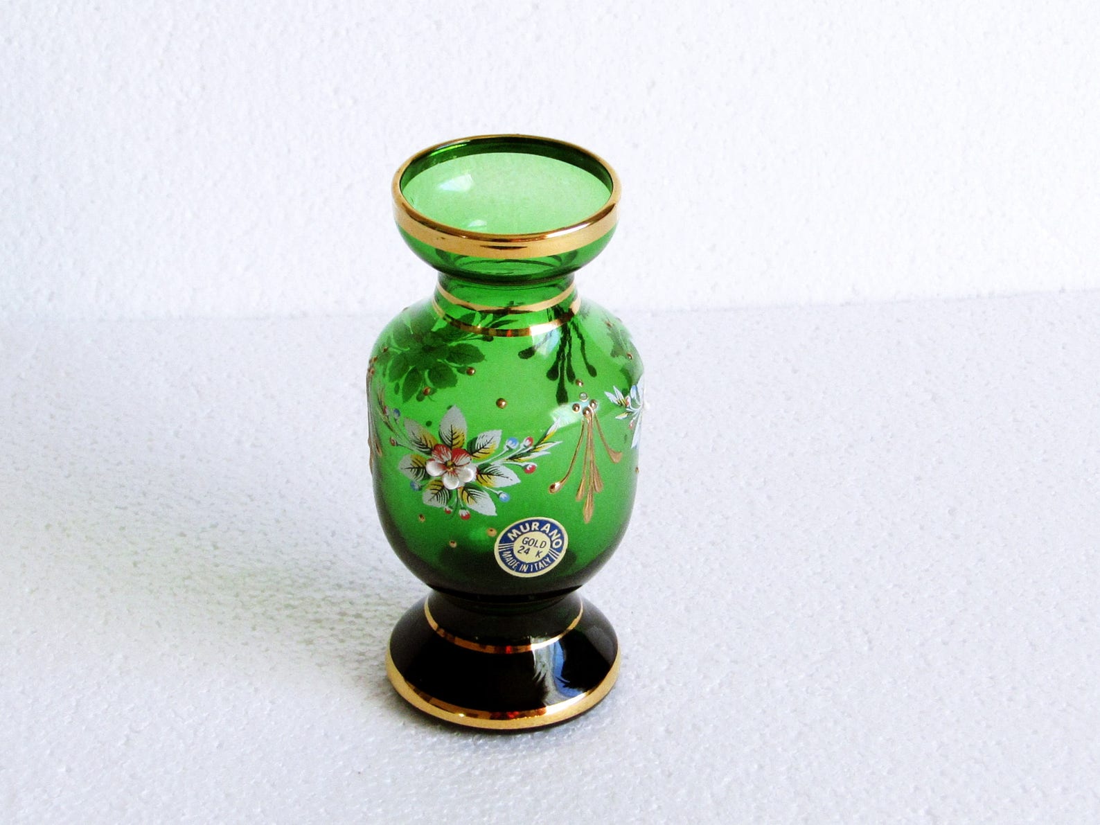 Vintage Small Green Murano Glass Vase Italian Hand Painted Etsy