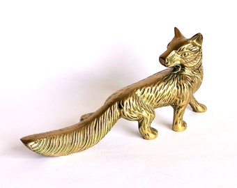 Pretty Vintage Brass Fox Figurine Home Decor, Vintage Brass Fox Statue Nurser Decor, Brass Vixen Sculpture Office Decor - England 50s