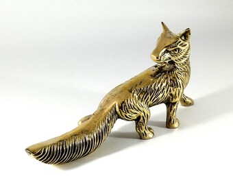 Vintage Charming Brass Fox Statue Home Decor Collectible Brass Vixen Sculpture Nursery Decor, Large Fox Office Decor 30s