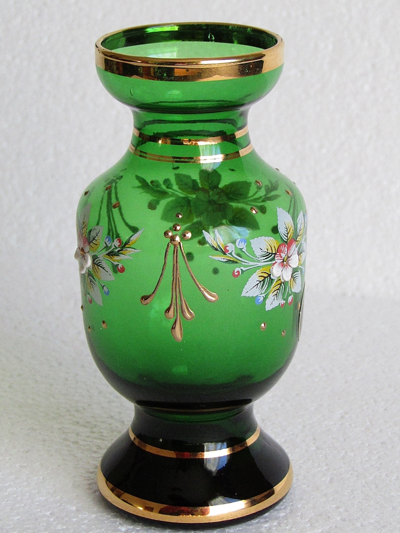 Vintage Small Green Murano Glass Vase Italian Hand Painted