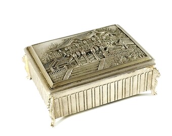 Antique Japanese Brass Trinket Box Home Decor, Vintage Silverplated Tobacco Trinket Box, Silverplate Japan Pagoda Embossed Treasury Box