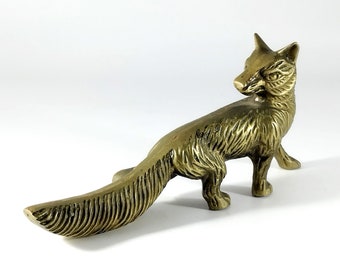 Pretty Vintage Solid Brass Fox Figurine Home Decor, Brass Fox Statue, Collectible Fox Vixen Sculpture Home Decor, Shelf Office Decor - 50s