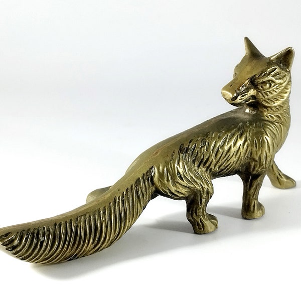 Pretty Vintage Solid Brass Fox Figurine Home Decor, Brass Fox Statue, Collectible Fox Vixen Sculpture Home Decor, Shelf Office Decor - 50s