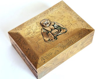 Antique Brass Wood Treasury Box Home Decor, Vintage Brass Wood Buddha Ornament Storage Box, Gold Rectangular Box Trinket Box Gift Idea - 30s