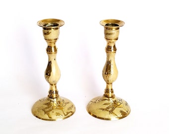 Vintage Two Enameled Brass Flowers Candle Holders, Vintage Brass Indian Candle Sticks Home Decor, Vintage Brass Candlesticks Altar Tool 50s