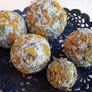 May include: Five round, moss-covered balls with a white and yellow colour scheme. The balls are arranged on a black crocheted surface.