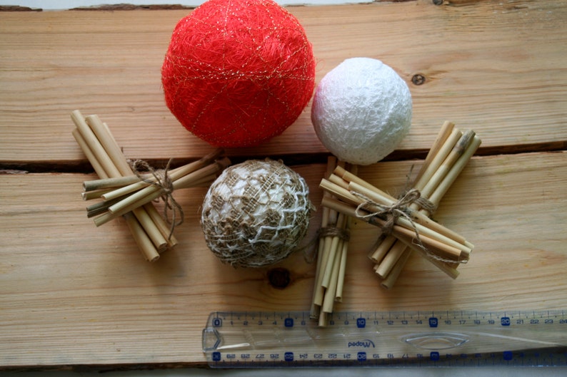 SUNRISE Decorative Bowl vase filler BALLS-Decorative Natural home ball Orange natural Spring decoration-LACE balls-thatch sticks-sisal