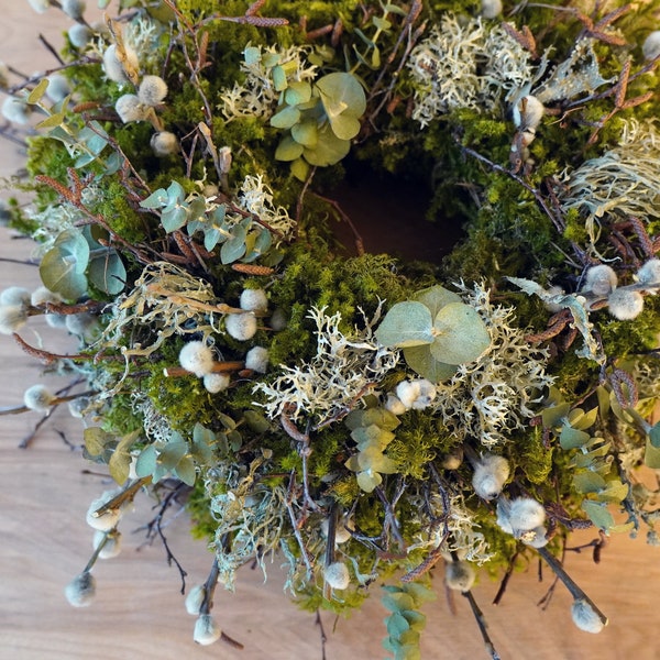 Spring-Summer MOSS-all natural wreath- Pussy Willow-Moss-Eucalyptus-Twig wreath- PUSSY WILLOW Branches- handmade evergreen Rustic Decoration