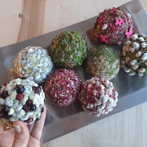 Op de afbeelding: Een zilveren dienblad met acht decoratieve bollen gemaakt van natuurlijke materialen. De bollen zijn bedekt met mos, gedroogde bloemen en andere natuurlijke elementen. Sommige bollen hebben roze vlinders eraan bevestigd.