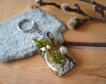 MUSHROOM-MOSS-Pussywillow-keychain-keyring-Nature lover gift-UNIQUE gift, Botanical keyring, Woodland Magic Nature lover pendant gift