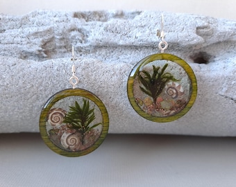 GREEN Moss Shell WOOD earrings,Terrarium Nature earrings, Real Moss -Lichen earring, Woodland Lichen jewelry,Unique nature Gift for her