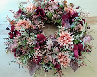 Corona de musgo hecha a mano para otoño, primavera y verano – Decoración rústica con flores secas, 43 cm (17 pulgadas)