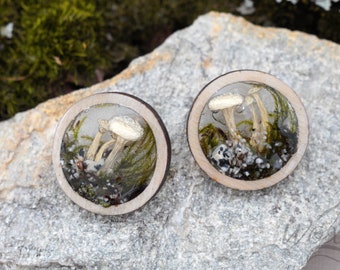 MUSHROOM earrings,Forest Nature earrings,Mushroom resin earrings,Real MOSS earrings, Woodland Lichen jewelry,Statement Bohemian gift for HER