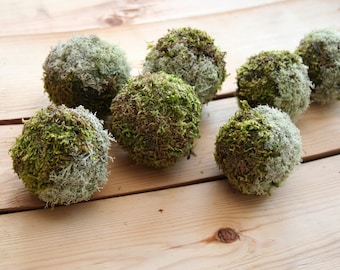 Moss balls, Natural Rustic Decorative green-reindeer moss Christmas BALLS-ORNAMENTS 7pcs. Rustic vase filler/ table setting Woodland holiday