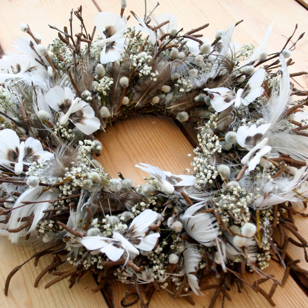 Spring-Summer wreath Pussy Willow-Babys breath flower-BUTTERFLIES-Twig wreath- PUSSY WILLOW branches handmade Rustic Decoration,Spring moss