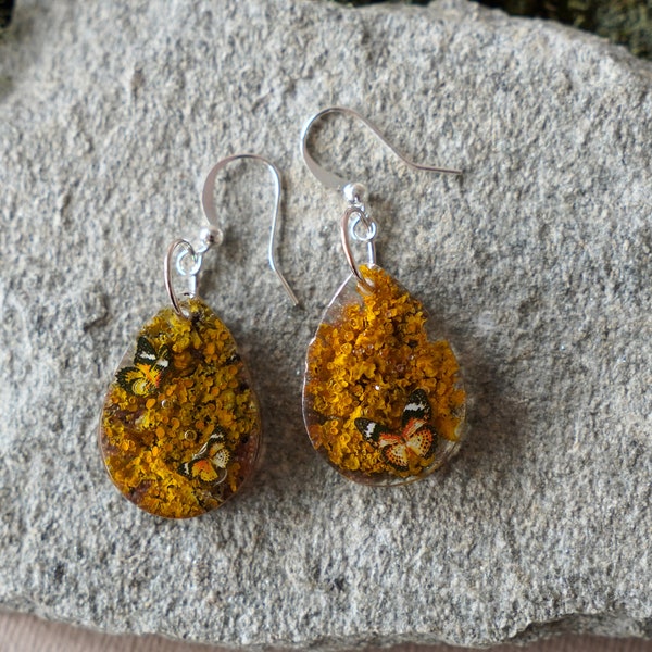 Natural YELLOW-MOSS- BUTTERFLY earrings,Forest Nature earrings, Real Moss earring, Woodland Lichen jewelry,Unique nature Gift for her