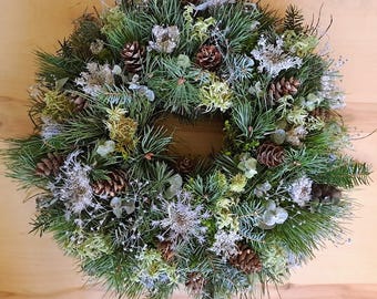 Corona navideña natural XL: musgo, pino, picea, nulg. Corona navideña: piñas orgánicas, decoración bohemia de bosque.