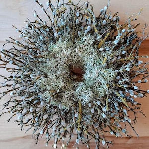 Puede incluir: Una corona circular compuesta por elementos naturales. La corona presenta una base de ramitas y ramas entrelazadas, adornada con yemas esponjosas de color claro y parches de musgo verde y gris. Adecuada para la decoración del hogar de temporada.