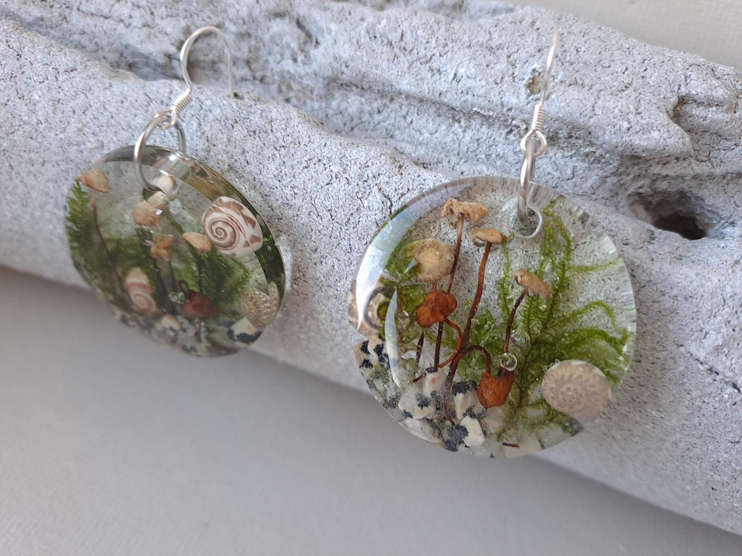 GREEN Moss MUSHROOM lichen earrings,Terrarium Nature earrings, Real Moss -Lichen earring, Woodland Lichen jewelry,Unique nature Gift for her