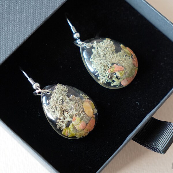 Silver-Fairyland-MOSS-STONES earrings,Forest Nature earrings, Real Moss -Lichen earring, Woodland Lichen jewelry,Unique nature Gift for her