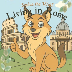May include: A cartoon wolf with a thumbs up, wearing a friendly expression, in front of the Colosseum and a church in Rome. The text "Sophia the Wolf Living in Rome" is written above the wolf.