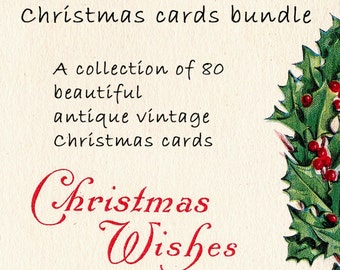 Christmas card bundle of 80 beautiful antique vintage Christmas cards and ephemera for printing. Christmas and Santa old holiday cards.