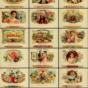 Collezione di 89 Old Vintage Cigar Box Labels - sia con sfondo vintage che bianco - Ephemera