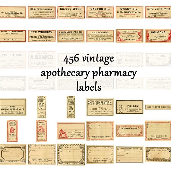 Hundreds of Vintage Apothecary Pharmacy Labels, cut and ready for your DIY and other crafts! - Old Retro Drugstore Druggist Labels