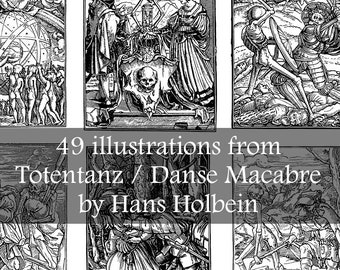 Może przedstawiać: Zbiór 49 czarno-białych ilustracji z Totentanz / Dance Macabre autorstwa Hansa Holbeina. Ilustracje przedstawiają szkielety tańczące z ludźmi z różnych sfer życia.
