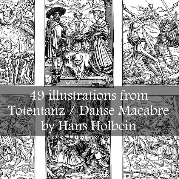 49 atemberaubende Illustrationen von Danse Macabre / Totentanz / Tanz des Todes - basierend auf Holzschnitten von Hans Holbein - Druckbarer Download