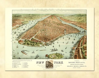 May include: An antique map of New York City, showing the city's layout and surrounding waterways. The map is printed in a vintage style with detailed illustrations of buildings and ships. The text at the bottom reads "New York" and "Rogers, Peet & Co., Wholesale and Retail Clothiers, Broadway, Broome & Mercer Sts., New York."