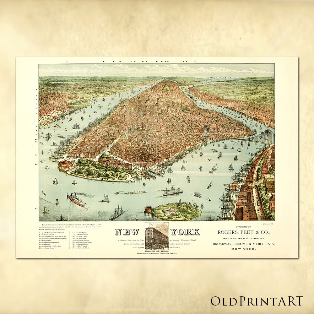 Vintage Manhattan Map, Birds Eye View, 1879 (printable Download