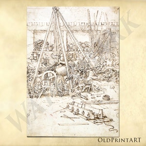 Leonardo da Vinci hermosa réplica de dibujo, trabajo en un patio arsenal - boceto - códice - antigüedad repro digital descargar