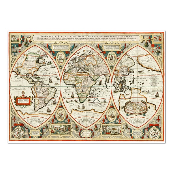 Old Antique World map from 1618 - triptych - European discoveries - Atlas map - Printable Download