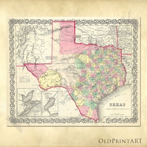 Old vintage map of Texas USA from 1856 - Vintage U.S. Atlas Map - Printable Download