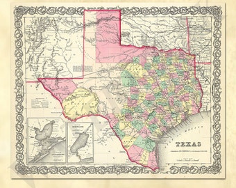 May include: An antique map of Texas from 1856, showing the state's counties and major cities. The map is printed in black, red, green, and yellow on a cream-colored background. The map is surrounded by a decorative border.