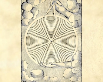 May include: A black and white illustration of a hand holding a compass and drawing a circle with concentric rings. The hand is surrounded by clouds.