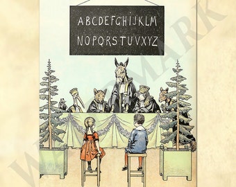 May include: An illustration of a classroom scene with a donkey teacher and various animal students. The teacher is wearing a judge's robe and holding a chalkboard with the alphabet written on it. Two children are sitting in the front row, watching the lesson.