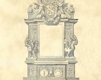 May include: A black and white engraving of a decorative frame with a coat of arms at the top, two dragons on the sides, and the words "DOMINIVM", "VIGILANTIA", "SALVS", "IMMORALITAS", and "HONORIVM" at the bottom.