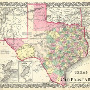 May include: A vintage map of Texas from 1856, showing the state's counties and major cities. The map is printed in shades of pink, green, and yellow, with a detailed border and a title that reads "Texas".